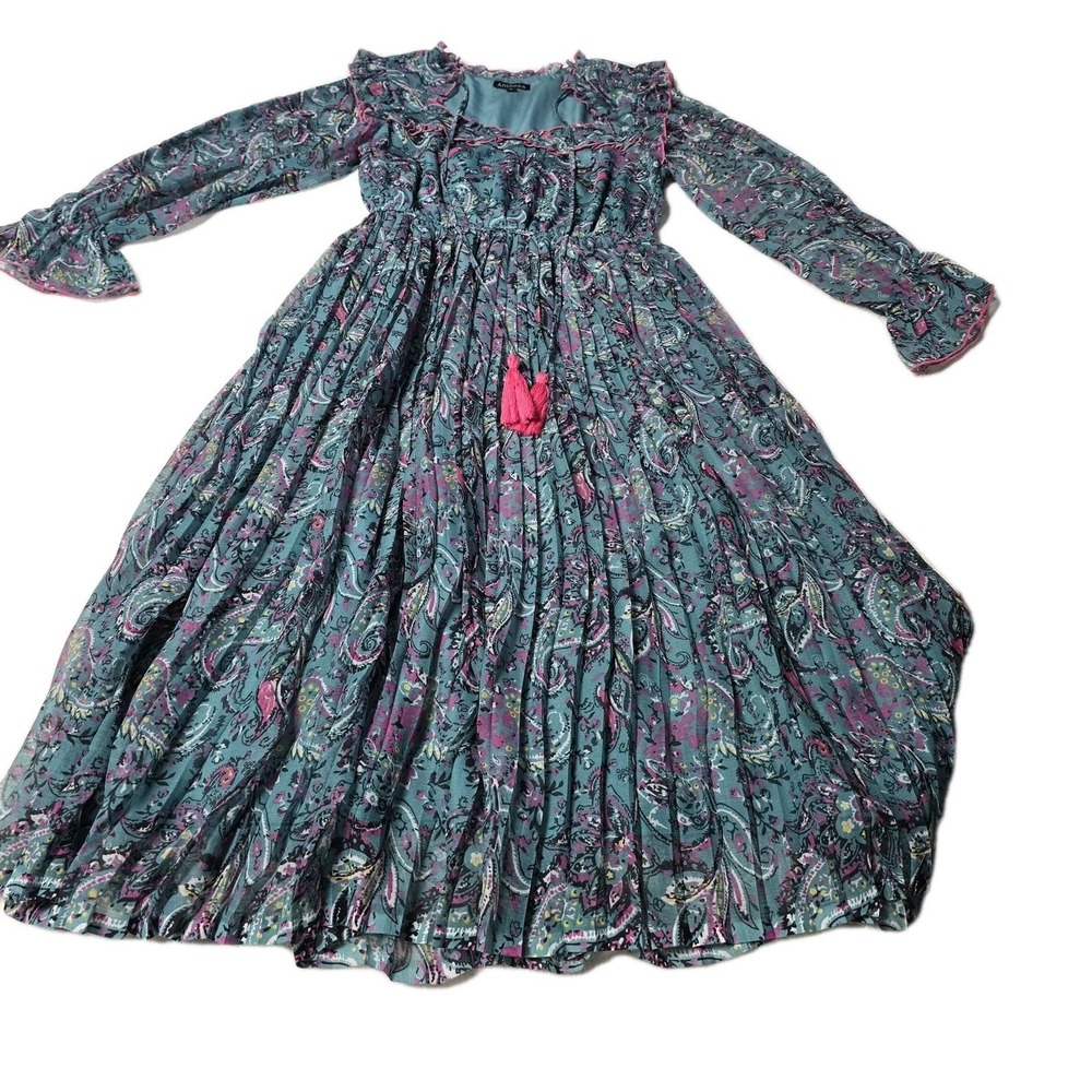 Antheaa Paisley Floral Midi Dress S‎ Fits XS Small Teal Pleated Ruffle Boho Read